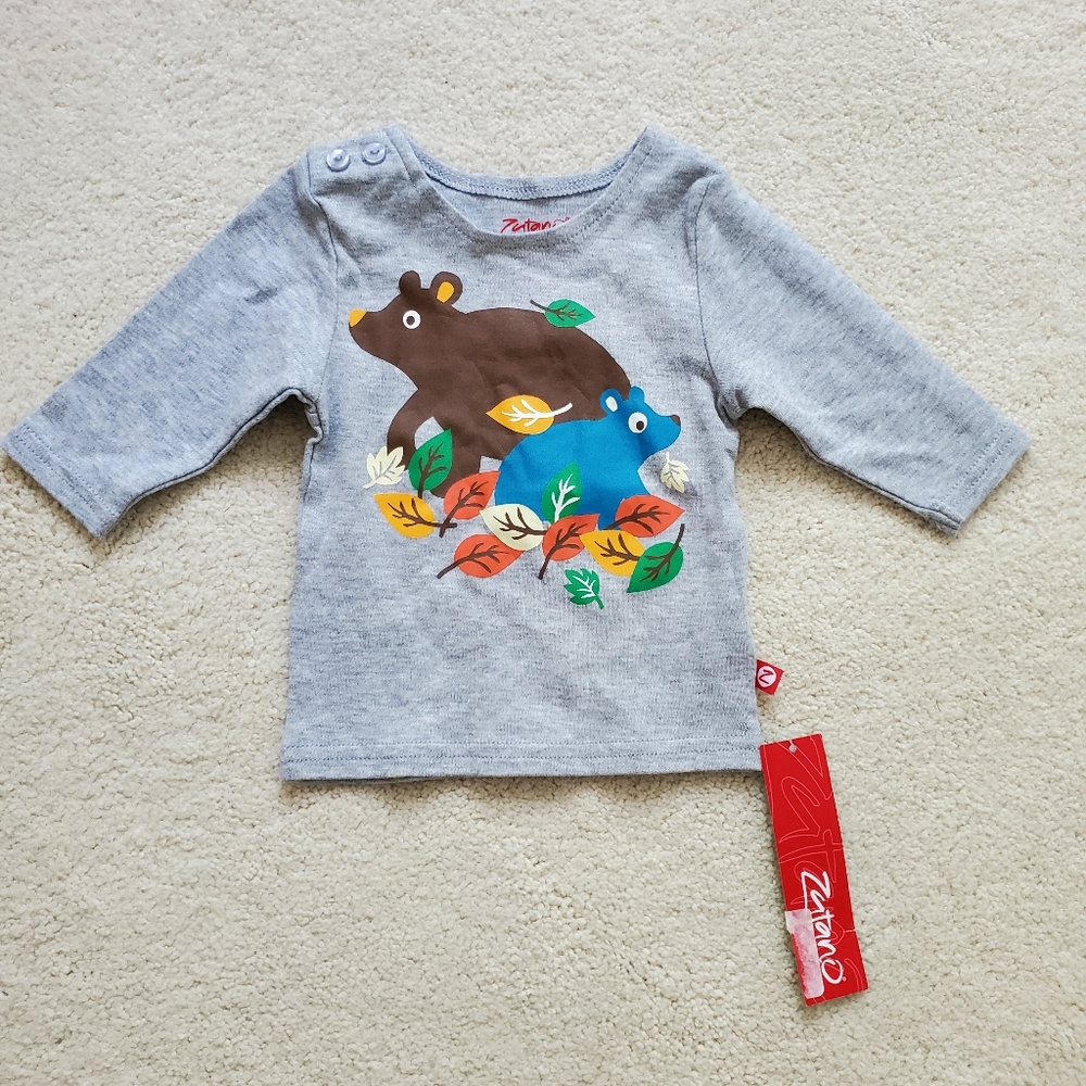 NWT Zutano Baby Gray Shirt with Bears  in Leaves sz6m